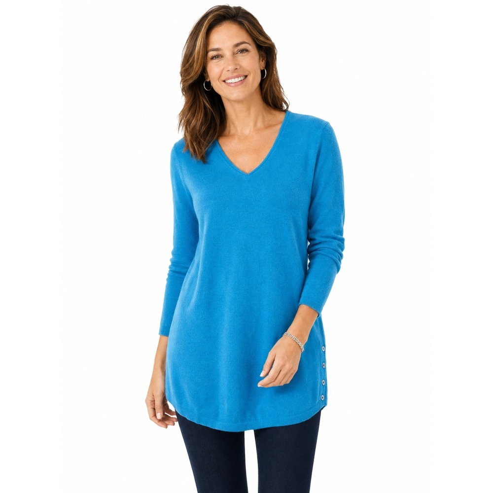 J.Jill Women's Tunic Sweater Small Teal Blue Wool Cashmere V-Neck Side Button